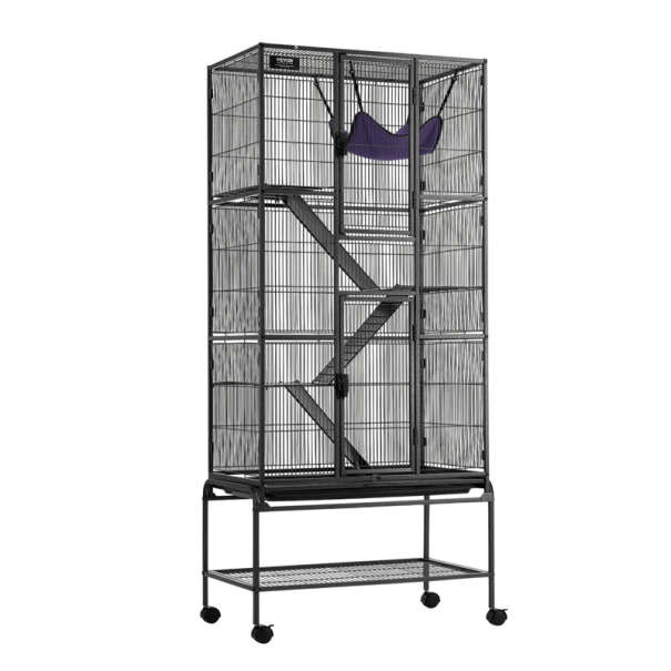 Klec pro potkany a jiné hlodavce s plošinami a rampami 75,5 x 45,5 x 175,5 cm Houpací síť i podstavec s kolečky Rozteč mřížky 1,27 cm Černá 1