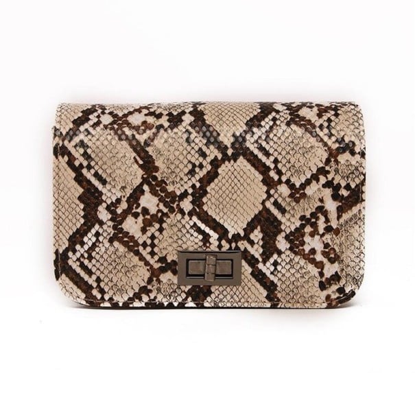 Kleine Damenhandtasche mit Schlangenledermuster Elegante kompakte Tasche aus Kunstleder mit Klappe und drehbarem Metallverschluss 18 x 13 x 5 cm khaki