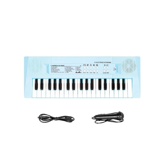 Kleurrijke kinderelektronische piano 41 x 15 cm met 37 toetsen, microfoon, USB-kabel en speel functies blauw