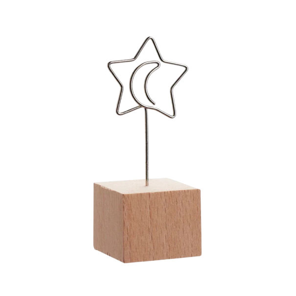 Klip na fotografie hvězda s měsícem kov dřevo černý stojánek na fotky a poznámky dekorace do interiéru držák na snímky 1