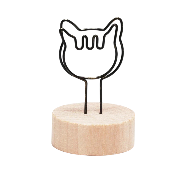 Klip na fotografie kočičí hlava 7–8 cm kov dřevo černý stojánek na fotky dekorace do interiéru na vystavení snímků 1