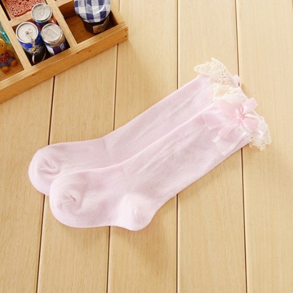 Knæhøje sokker til piger med flæser og sløjfe rosa 1-3 år