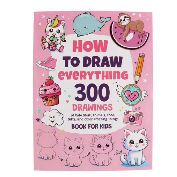 Kniha kreslení pro děti 300 návodů krok za krokem formát A4 vzdělávací knížka růžová učení kreslení roztomilých obrázků 1