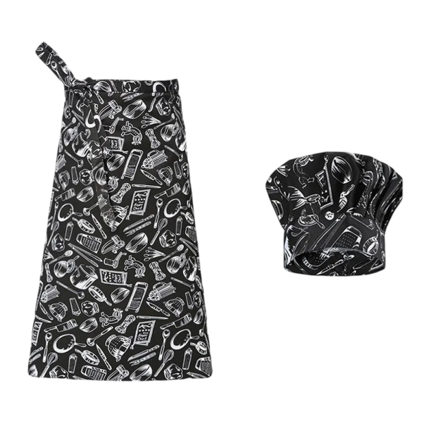 Kochmütze und Schürze mit Druck von Küchenwerkzeugen Polyester Arbeitskleidung für die Küche zum Kochen Gastronomie 1