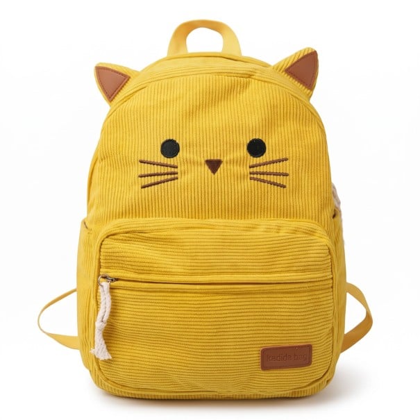 Kočičí dámský batoh 38 x 28 x 11 cm s ouškami a vyšitým obličejem kočky s vnitřní kapsou na laptop a velkou přední kapsou na zip žlutá