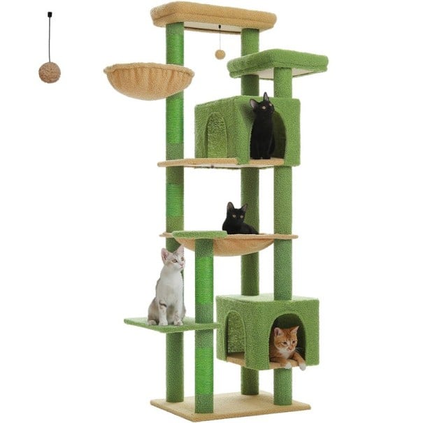 Kočičí škrabadlo výška cca 175 cm podstava 54 x 44 cm se dvěma domky houpací sítí a sisalovými sloupky pro 5 koček do bytu a šplhání zelená