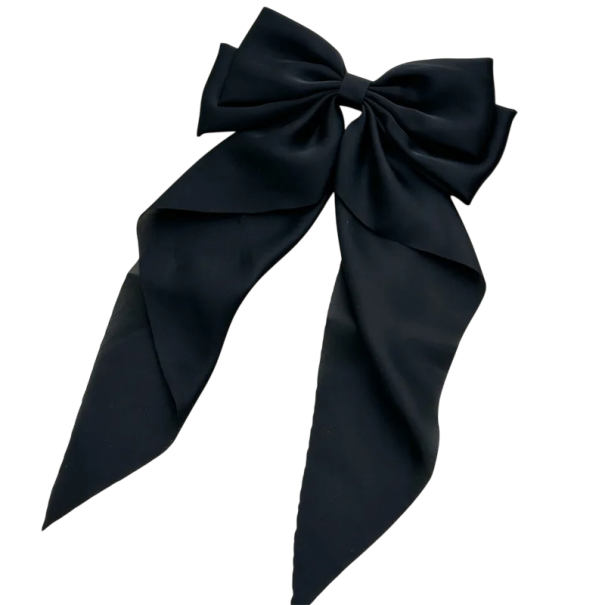 Kokarda do włosów satynowa 36 x 21 cm Elegancka ozdoba do włosów Modny dodatek damski Miękki połysk Stylowe wiązanie Wygodna w noszeniu czarny