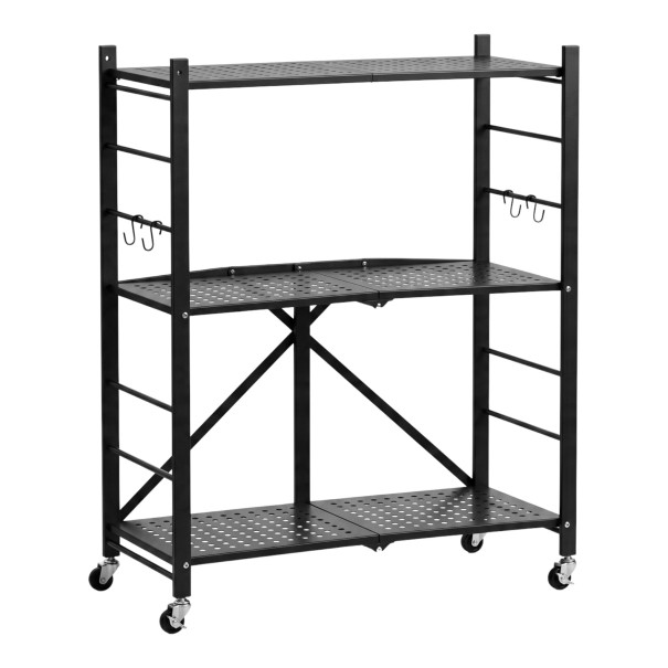 Kokoontaitettava metallihylly 3 hylly 33 x 72 x 91 cm Kääntyvät pyörät jarrulla Hiiliteräs Q235A Musta Garasiin ja keittiöön 1