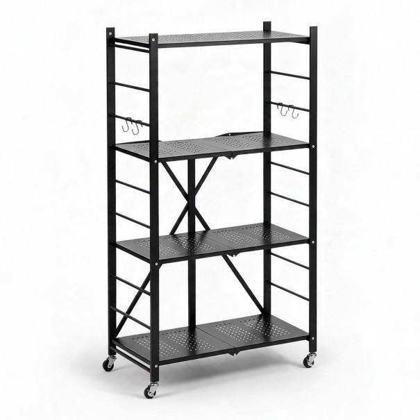 Kokoontaitettava metallihylly 4 hylly 33 x 61 x 114 cm Kääntyvät pyörät jarrulla Hiili teräs Q235A Musta Autotalliin ja keittiöön 1