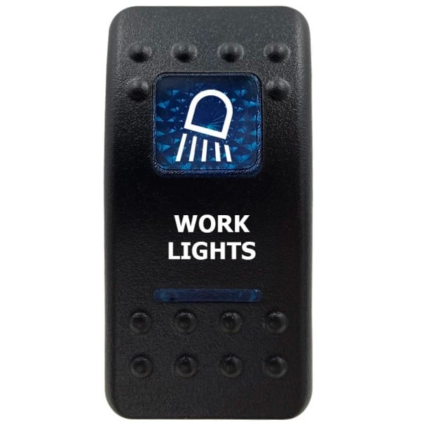 Kolbowy przełącznik WORK LIGHTS jednopólowy wodoodporny 12V z niebieskim podświetleniem LED, czarny przełącznik ON/OFF do świateł roboczych 1