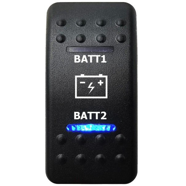 Kolébkový přepínač do auta pro volbu dvou baterií BATT1/BATT2 s modrým LED podsvícením vodotěsný 12V pro loď karavan a offroad 1