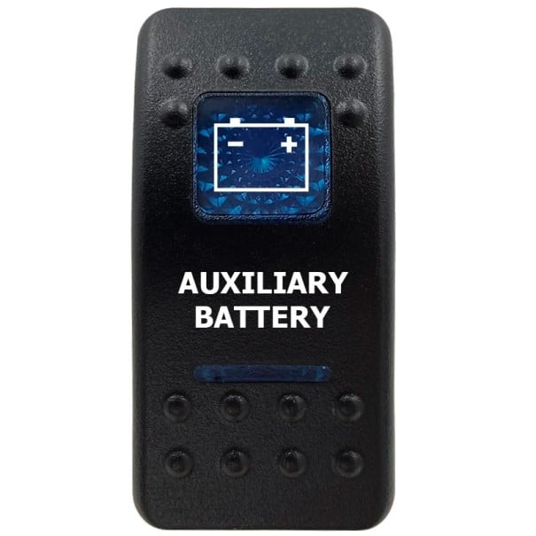 Kolébkový spínač do auta jednopólový s modrým LED podsvietením a symbolom Auxiliary Battery vodotesný 12V pre loď a karavan