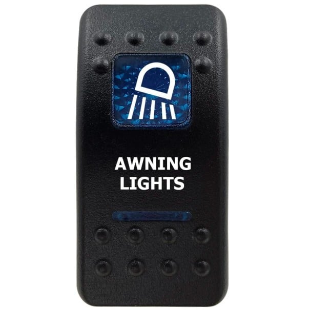 Kolébkový spínač do auta jednopólový s modrým LED podsvietením a symbolom Awning Lights vodotesný 12V pre karavan obytný vůz a loď