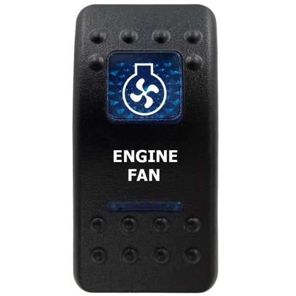 Kolébkový spínač ENGINE FAN jednopólový 12V vodotesný vypínač ventilátoru motora s modrým LED podsvietením čierny pre autá a offroad