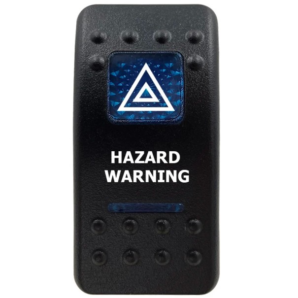 Kolébkový spínač HAZARD WARNING jednopólový voděodolný 12V s modrým LED podsvícením, černý ON/OFF přepínač výstražných světel do auta a 4x4 1