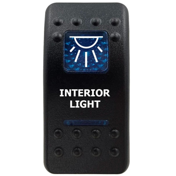 Kolébkový spínač INTERIOR LIGHT jednopólový voděodolný 12V s modrým LED podsvícením, černý ON/OFF přepínač vnitřního osvětlení do auta a obytných vozů 1