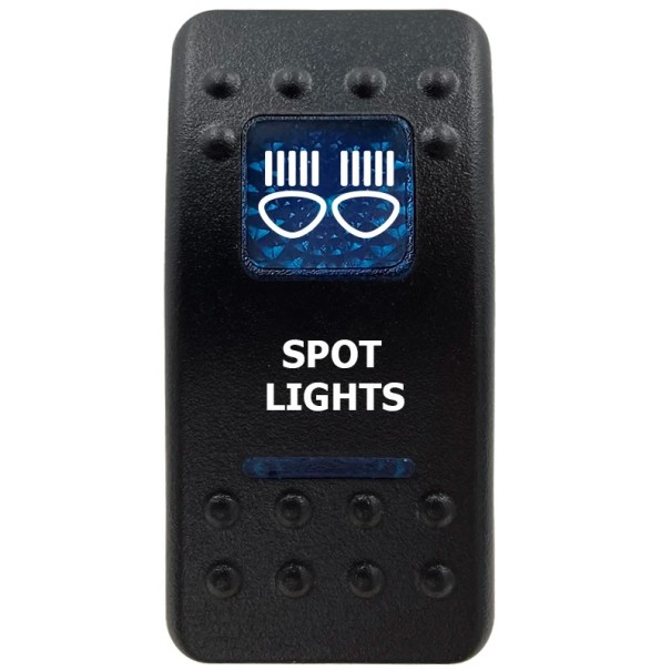 Kolébkový Spínač Jednopólový Voděodolný 12V Modré LED Podsvícení Černý Vypínač SPOT LIGHTS pro Auto Loď SUV a Off-road Vozidla 1