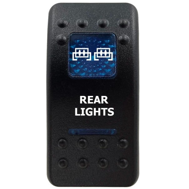 Kolébkový spínač REAR LIGHTS jednopólový 12V vodotesný vypínač zadných svetiel s modrým LED podsvietením čierny pre autá a offroad