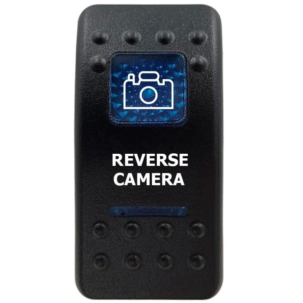 Kolébkový spínač REVERSE CAMERA jednopólový 12V vodotesný vypínač couvacej kamery s modrým LED podsvietením čierny pre autá a karavany