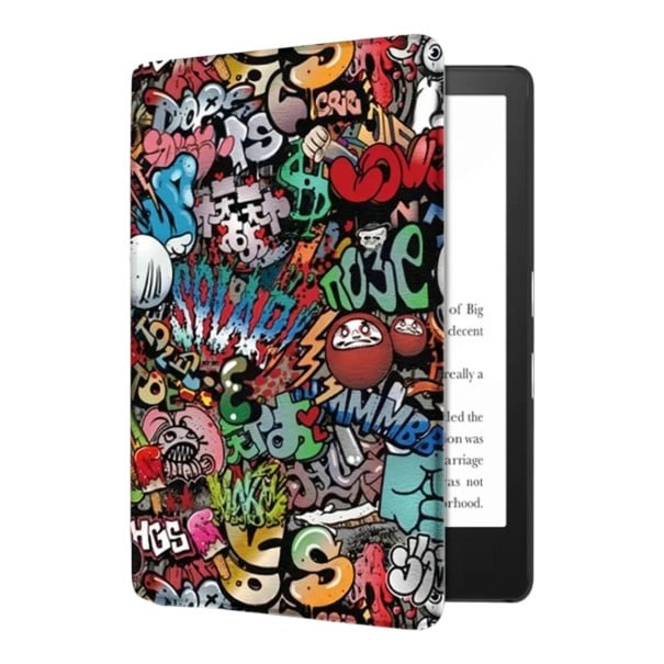 Kolorowe etui flipowe 6 cali na Kindle 10. generacji 2019 z nadrukiem graffiti i napisami w stylu street art oraz z paskiem i folią 1