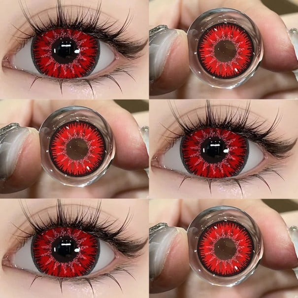 Kolorowe soczewki kontaktowe czerwone realistyczny efekt żyłek wyraźna czarna obwódka średnica 14.5 mm roczne hydrożelowe do cosplayu i stylizacji oczu 1