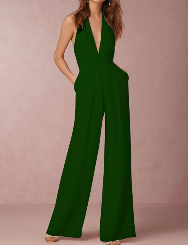 Kombinezon wieczorowy damski z odkrytymi plecami A2078 zielony M