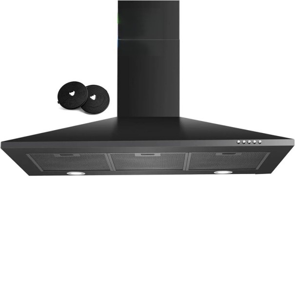 Komínová digestoř 400 m³/h šířka 90cm nerezová ocel s 5vrstvým filtrem LED osvětlením a tlačítkovým ovládáním energetická třída A+++ černá