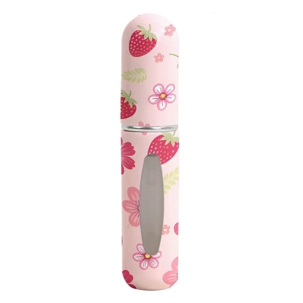 Kompakt fyllbar parfymatomizer med fönster 5 ml ficksprej 8.2×1.52 cm ljusrosa med jordgubbar och blommor för resor 1