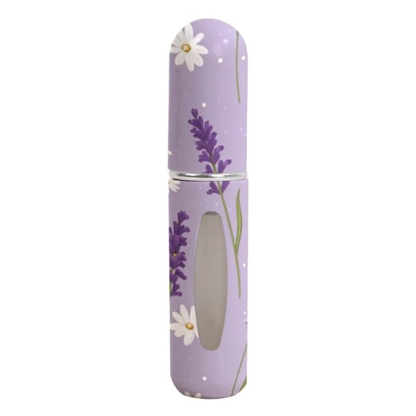 Kompakter Reise-Aerosolzer für Parfüms mit Sichtfenster 5 ml 8,2×1,52 cm helllila mit Lavendel- und Blumenmotiv für die Handtasche 1