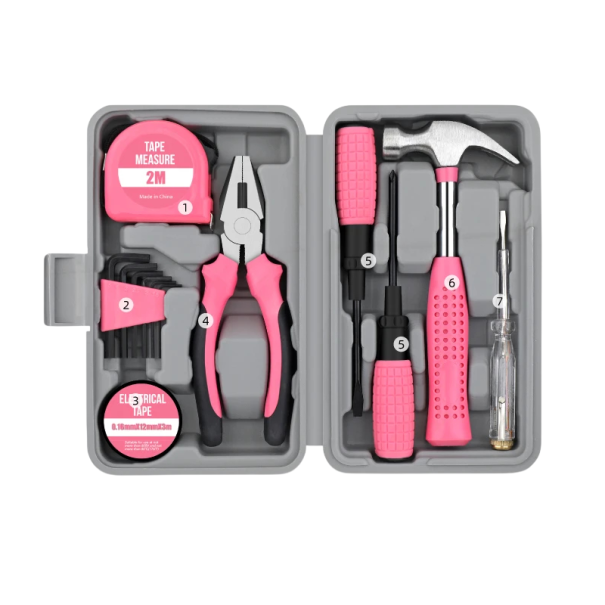 Kompaktní sada nářadí Hi-Spec 13 ks s kladivem 2 m metrem šroubováky kleštěmi růžovo černá pro domácí opravy a údržbu 1
