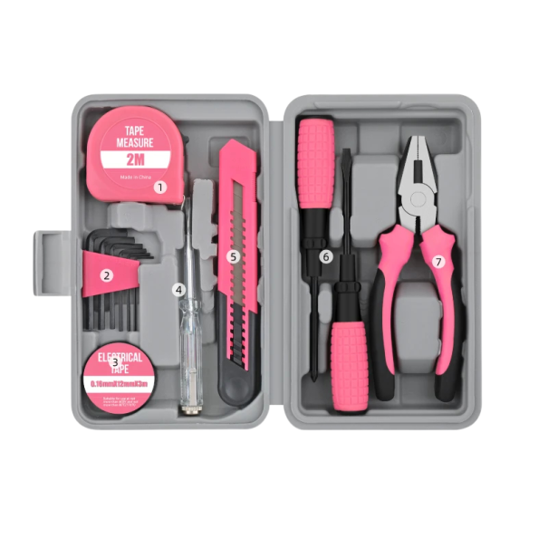 Kompaktní sada nářadí Hi-Spec 13 ks s měřicím pásmem 2 m šroubováky kleštěmi a nožem růžovo černá pro domácnost 1