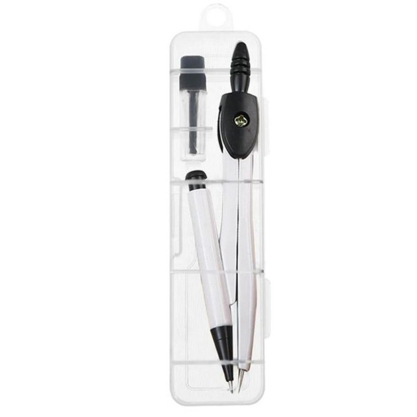 Kompasset met micropotlood en reservevullingen in etui Schoolkompas om te tekenen met reservevullingen en transparant etui 12 x 2,5 cm wit