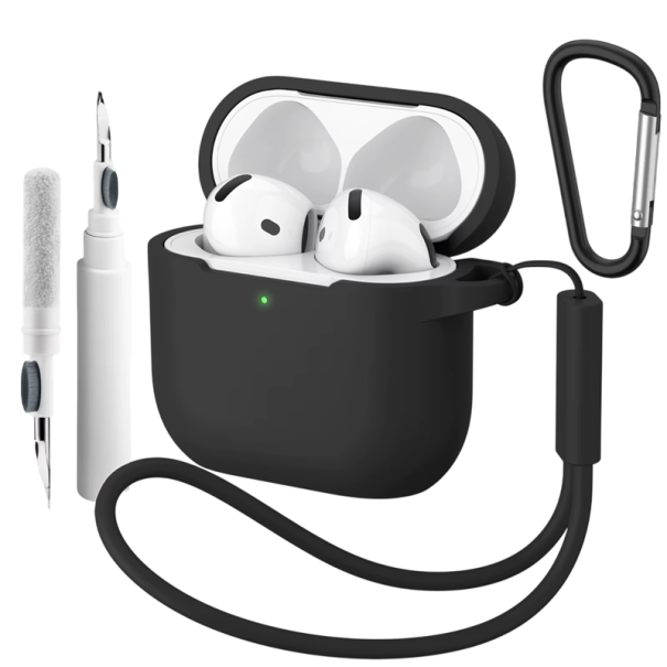 Kompletní silikonové pouzdro pro Apple AirPods 4 s karabinou, čisticím perem a poutkem na ruku, ochranný kryt a příslušenství černá