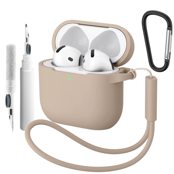 Kompletní silikonové pouzdro pro Apple AirPods 4 s karabinou, čisticím perem a poutkem na ruku, ochranný kryt a příslušenství khaki