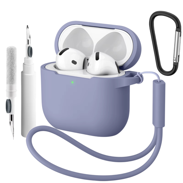 Kompletní silikonové pouzdro pro Apple AirPods 4 s karabinou, čisticím perem a poutkem na ruku, ochranný kryt a příslušenství levandulová