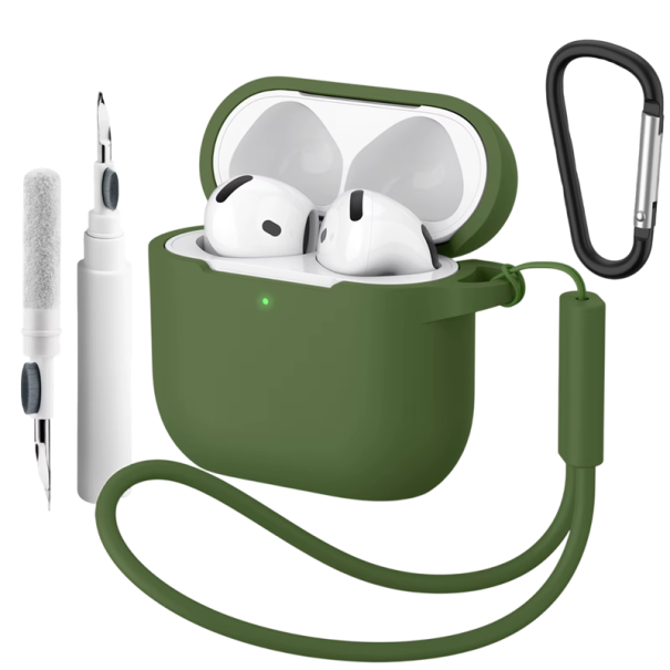 Komplett silikonfodral för Apple AirPods 4 med karbinhake, rengöringspenna och handledsrem, skyddsskal och tillbehör olivgrön