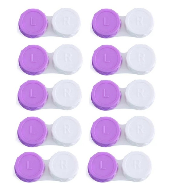 Kontaktimuovien säilytysrasioiden sarja 10 kpl koko 5,5 x 1,4 cm muoviset värilliset rasioita L- ja R-merkinnöillä päivittäiseen violetti