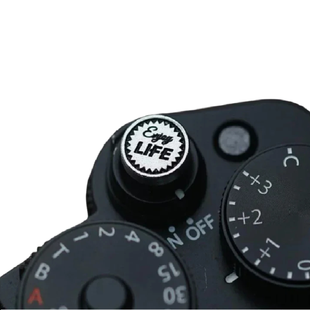 Kopparknapp för utlösare 1,5 cm Rund silverfärgad med svart text för Sony A7C2 Fujifilm XT50 X100VI Xhalf XM5 XE4 Nikon ZF Leica 1