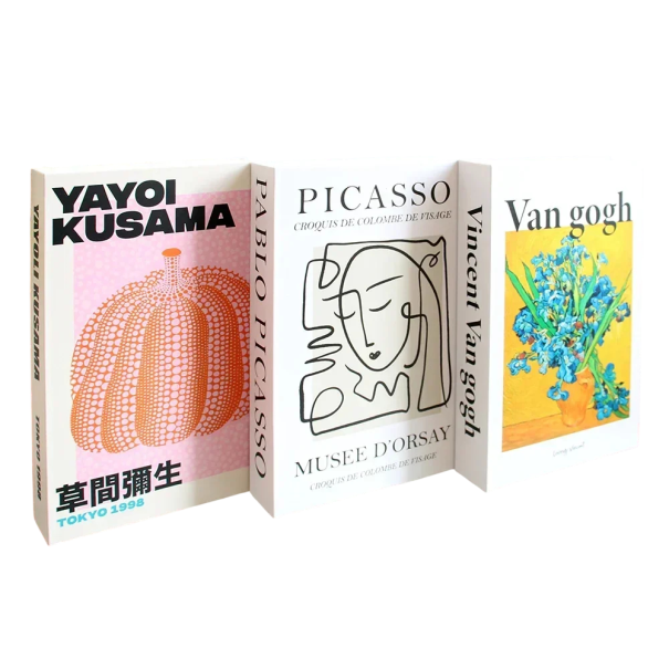 Koristeelliset väärät kirjat 3 kpl Avaamattomat sisustuselementit taiteellinen tyyli Picasso Van Gogh Kusama 1