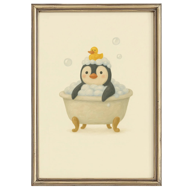 Koristeplakatti pingviini kylvyssä vaahdolla 30 x 40 cm kangastuloste ruskea taulu ilman kehystä seinäkoriste kylpyhuoneeseen 1