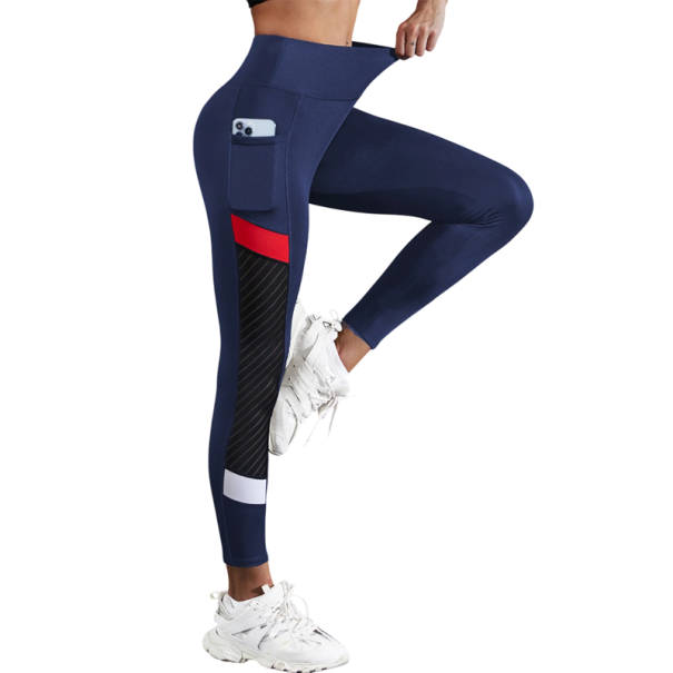 Korkeavyötäröiset verkkokankaiset joogaleggingsit, vatsaa muotoilevat sivutaskut, joustavat urheiluleggingsit läpikuultavilla sivupaneeleilla sininen S
