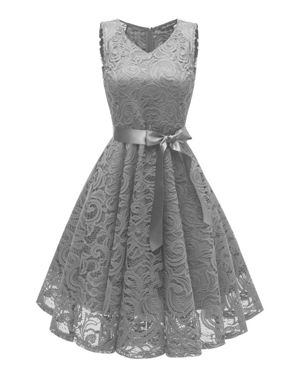 Koronkowa sukienka z kokardą szary XS