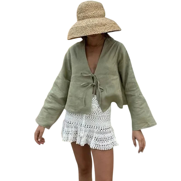 Kort damblus med långa ärmar, knytband fram, löst snitt, sommarstrandtopp med V-ringning, naturlig look grön L