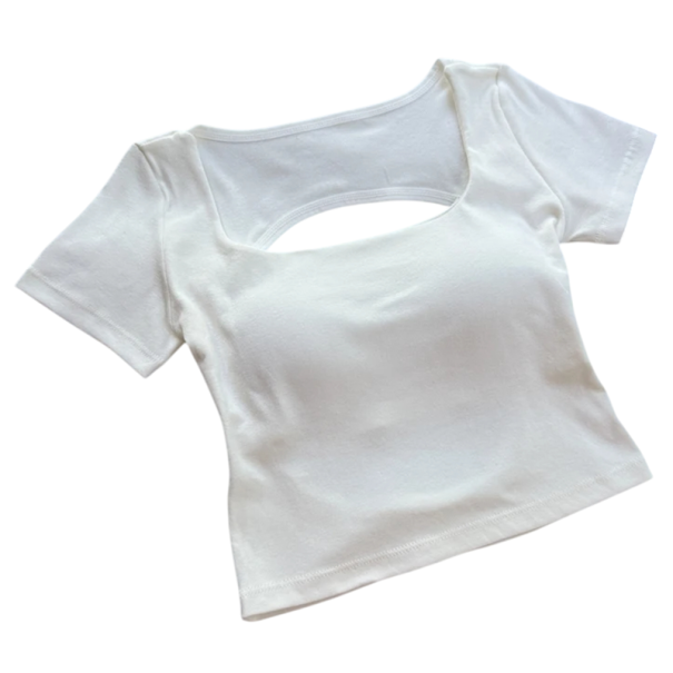Kort dames t-shirt met uitsparing op de rug Decoratieve bandjes Elastisch t-shirt met uitsparing Elegante top met korte mouwen wit