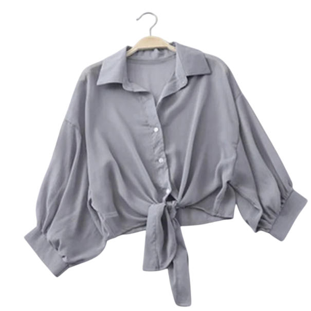 Kort dameskjorte med knude foran Transparent bluse Crop cut Let og luftigt materiale Knaplukning Stilfuld sommertop grå S