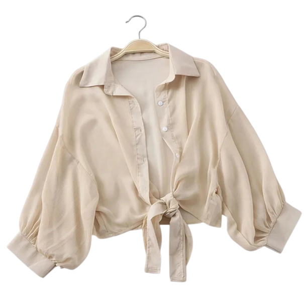 Kort damesshirt met knoop aan de voorkant Transparante blouse Cropped model Lichte, luchtige stof Knoopsluiting Stijlvolle zomertop beige L