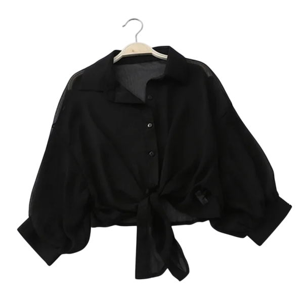 Kort damesshirt met knoop aan de voorkant Transparante blouse Cropped model Lichte, luchtige stof Knoopsluiting Stijlvolle zomertop zwart L