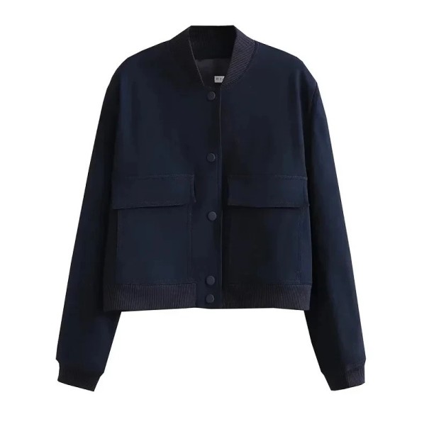 Kort damjacka med långa ärmar Elegant kappa med stora fickor Lätta ytterkläder för vår och höst Modern urban stil blå L
