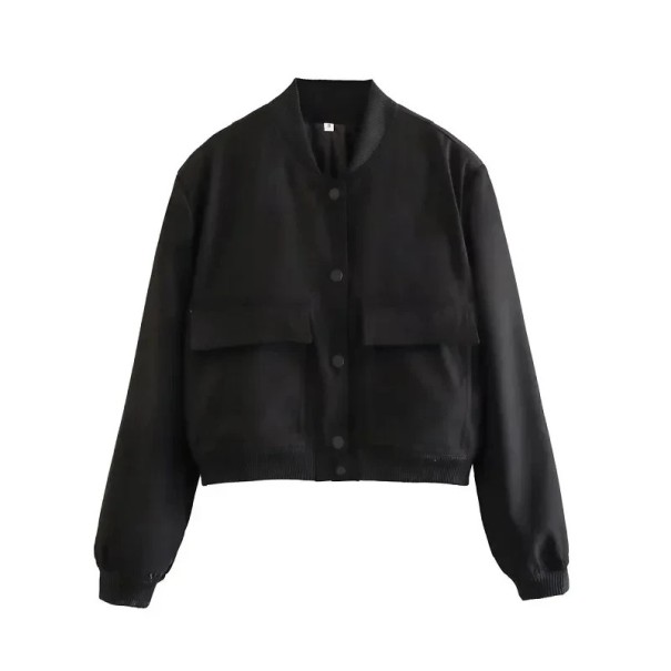 Kort damjacka med långa ärmar Elegant kappa med stora fickor Lätta ytterkläder för vår och höst Modern urban stil svart S
