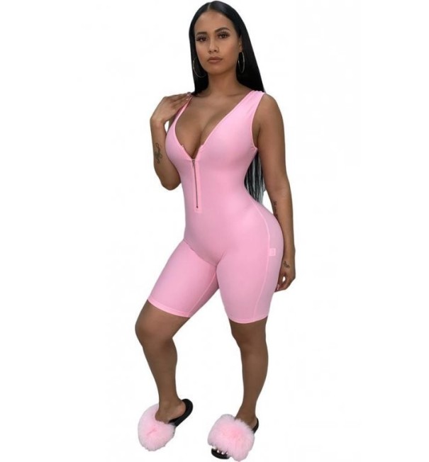 Kort, tætsiddende jumpsuit med lynlås til kvinder rosa S